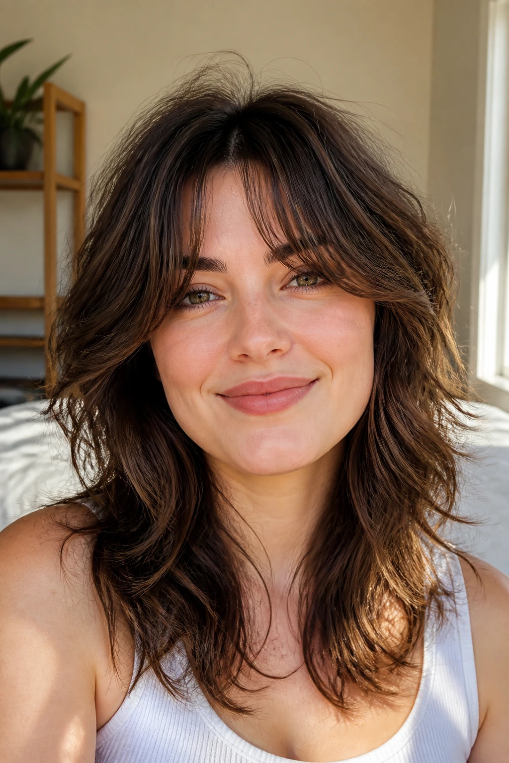 Close-up of a real woman with voluminous shag and curtain bangs in a sunlit bedroom