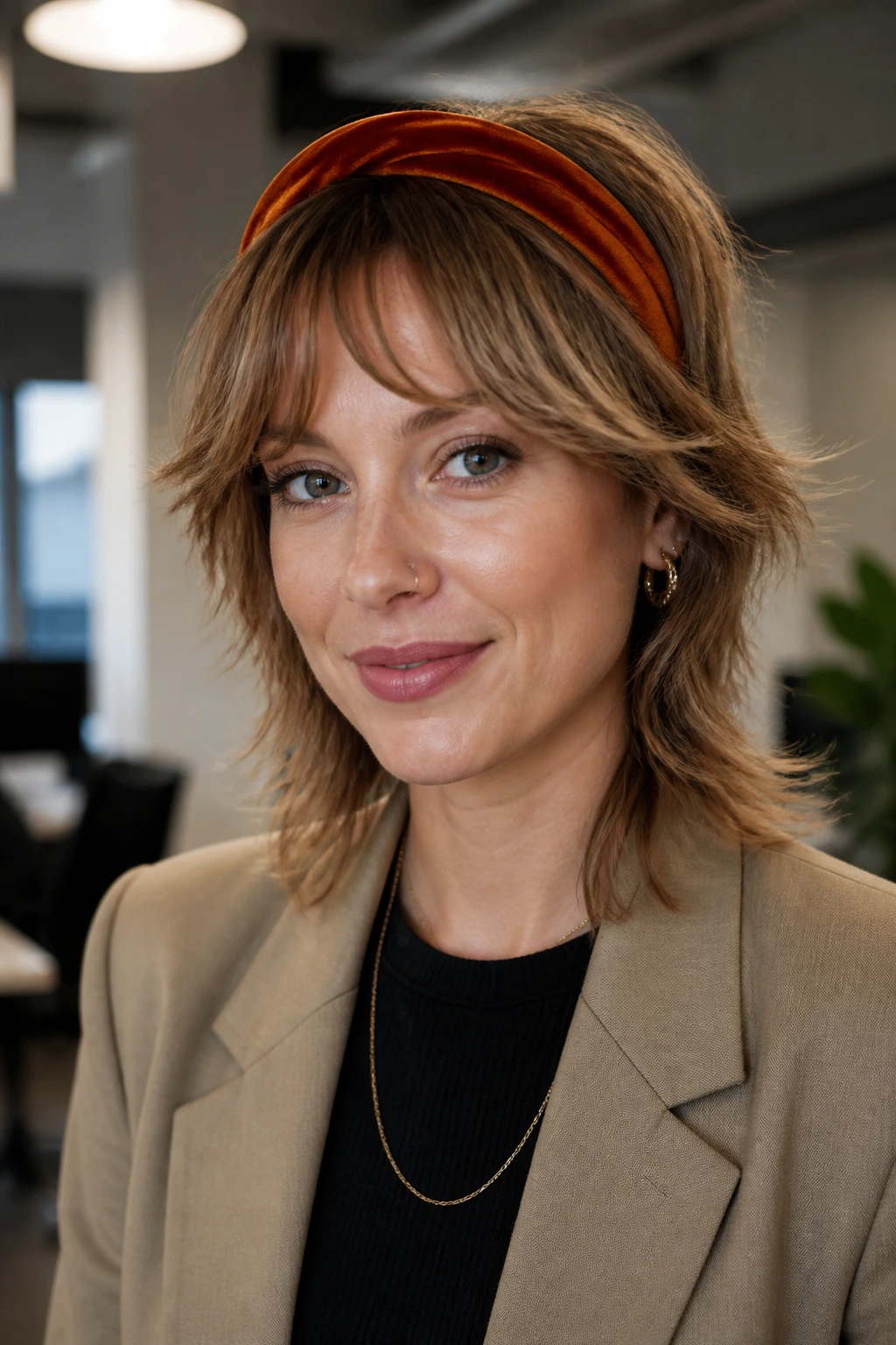 Real woman with shag cut and curtain bangs behind rust velvet band in an office