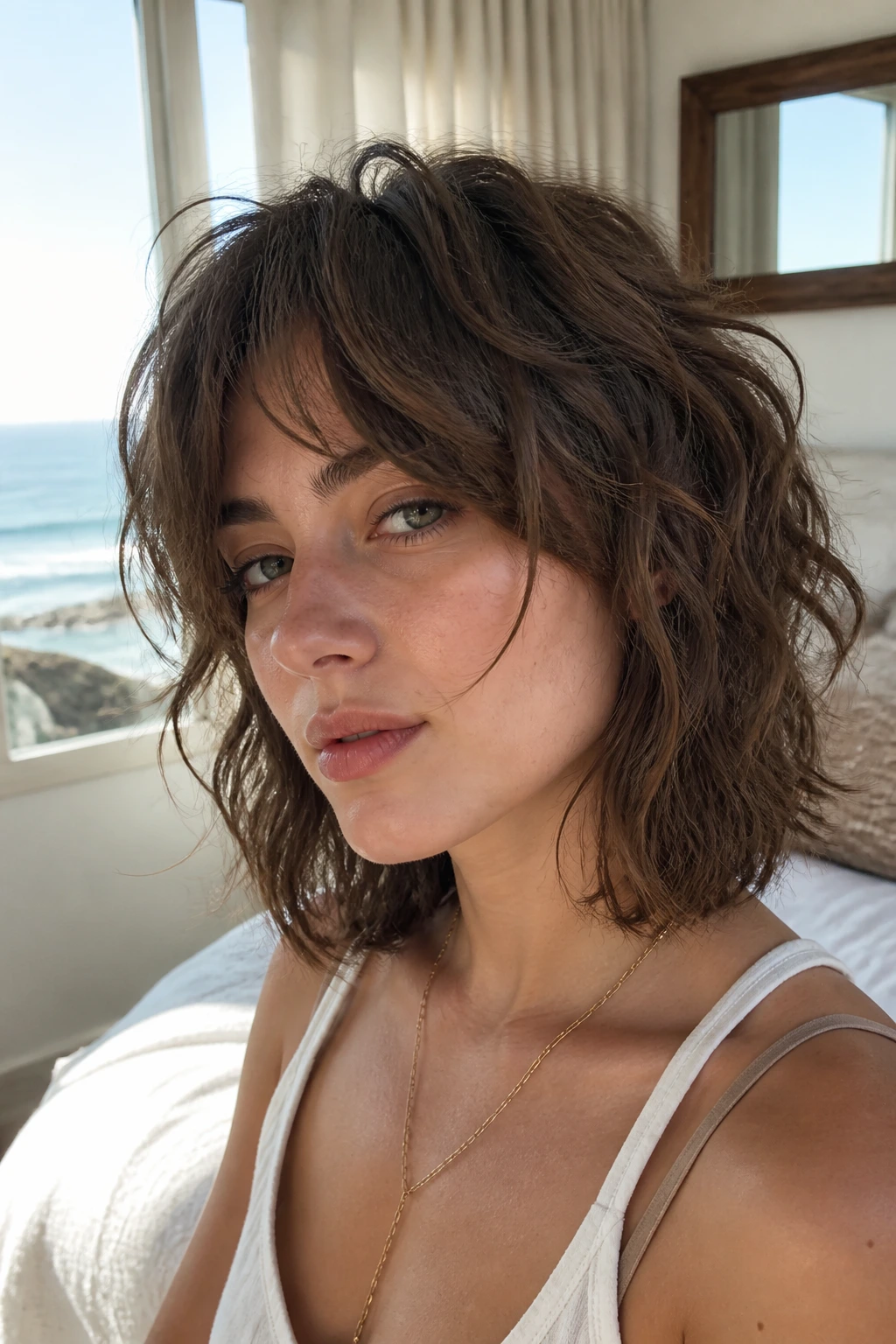 Close-up of a real person with a messy wavy shag and curtain bangs