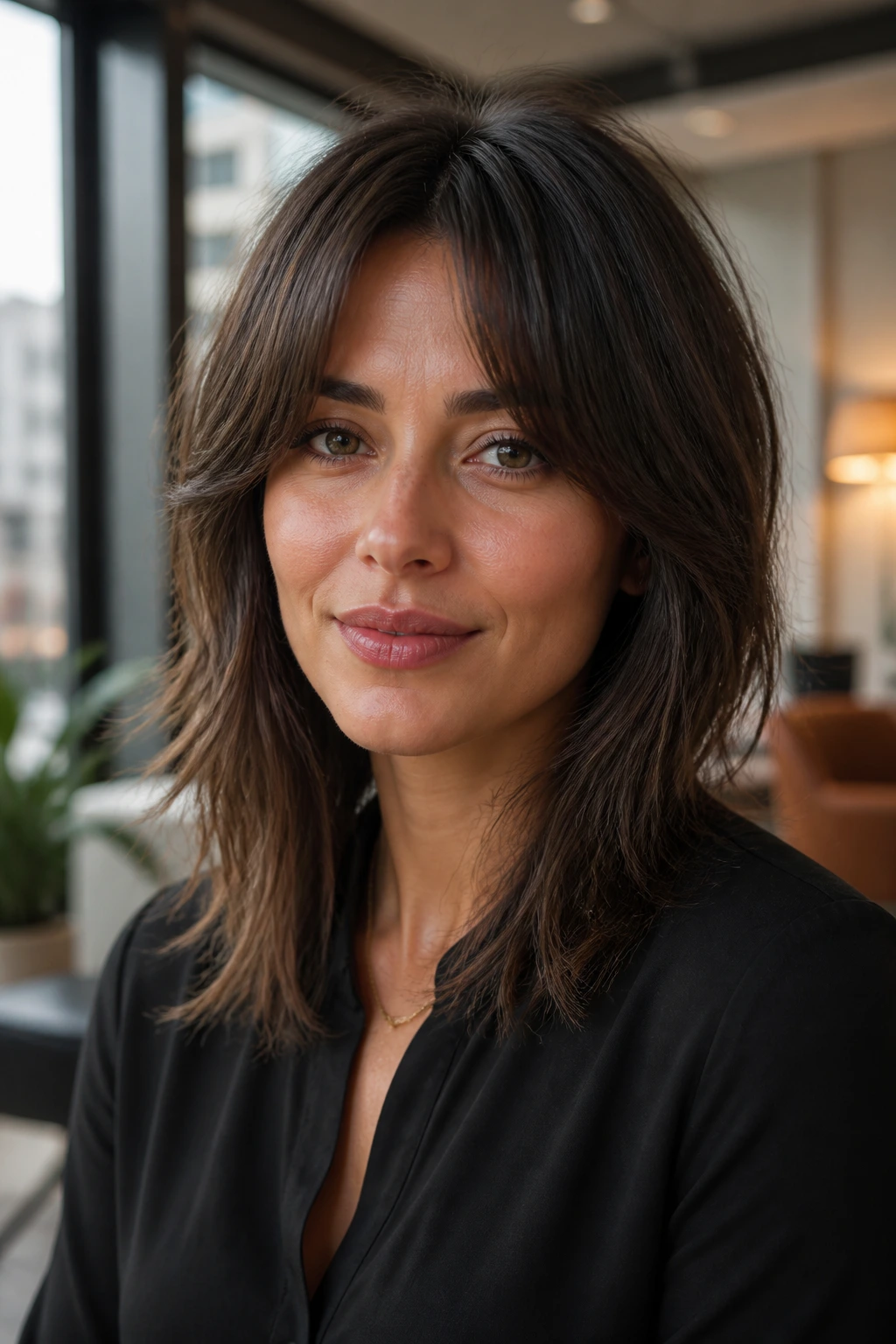 Close-up portrait of a woman with medium-length shag and curtain fringe