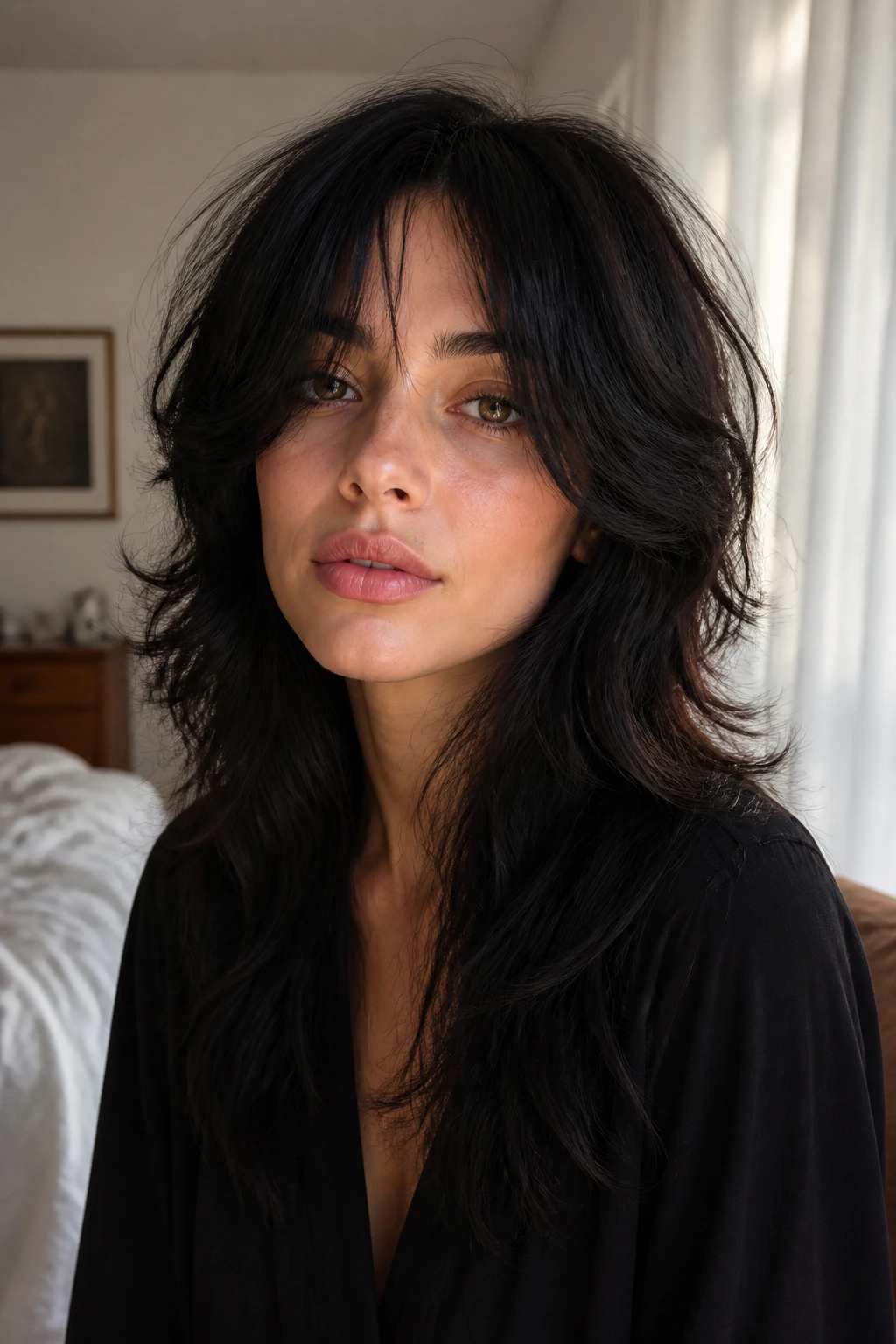 Close-up portrait of a real woman with a choppy shag cut and curtain bangs in soft morning light