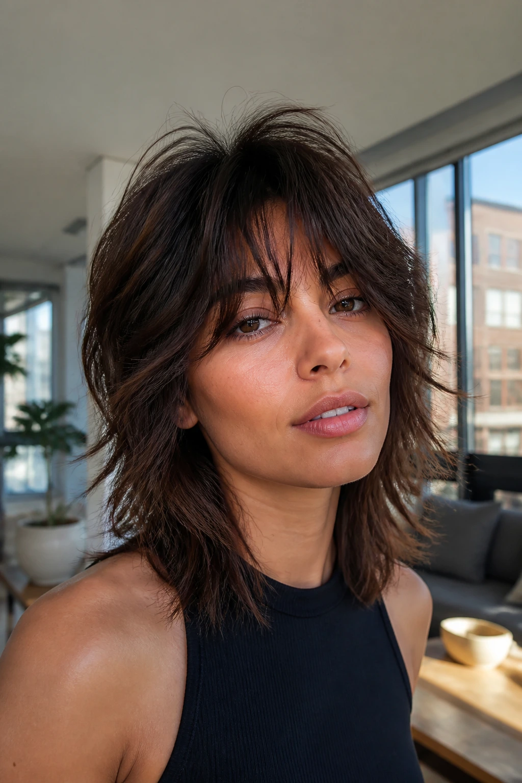 Portrait of a real woman with a modern shag cut and voluminous crown