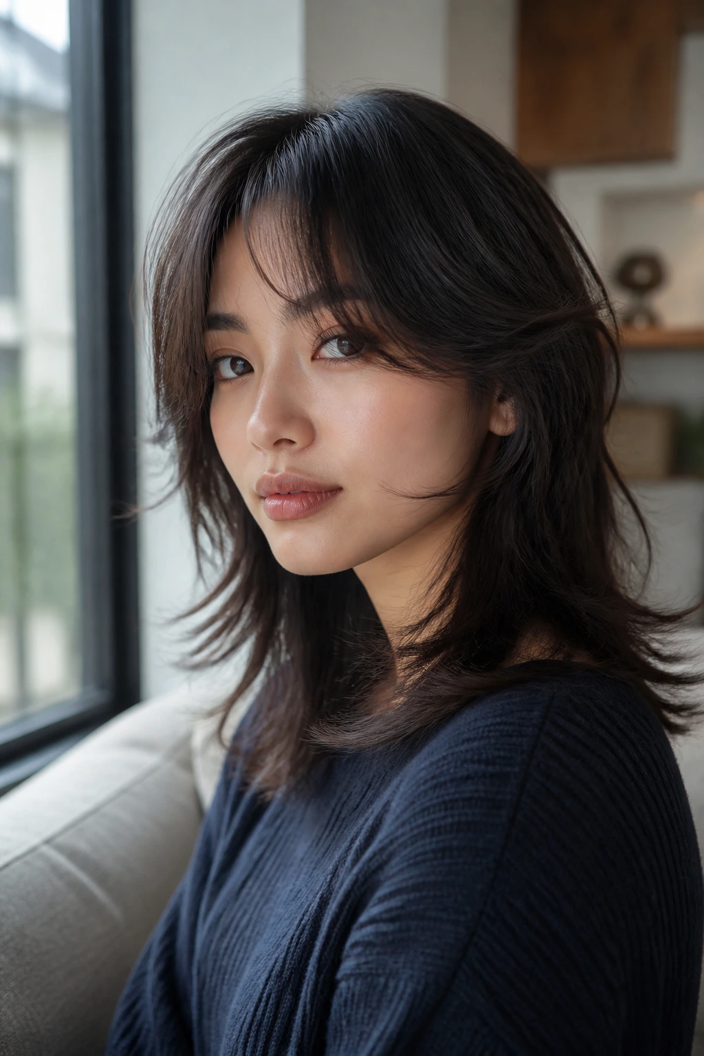 Close-up of woman with textured shag and face-framing layers in bright living room