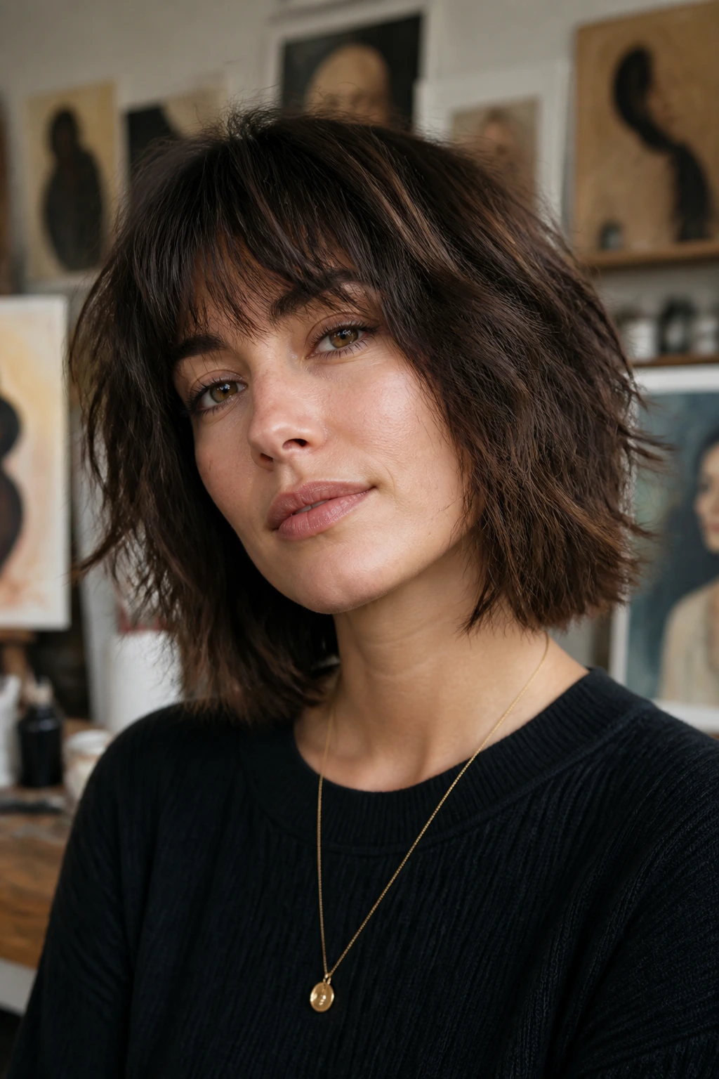 Close-up portrait of a woman with a choppy shag feathered bob