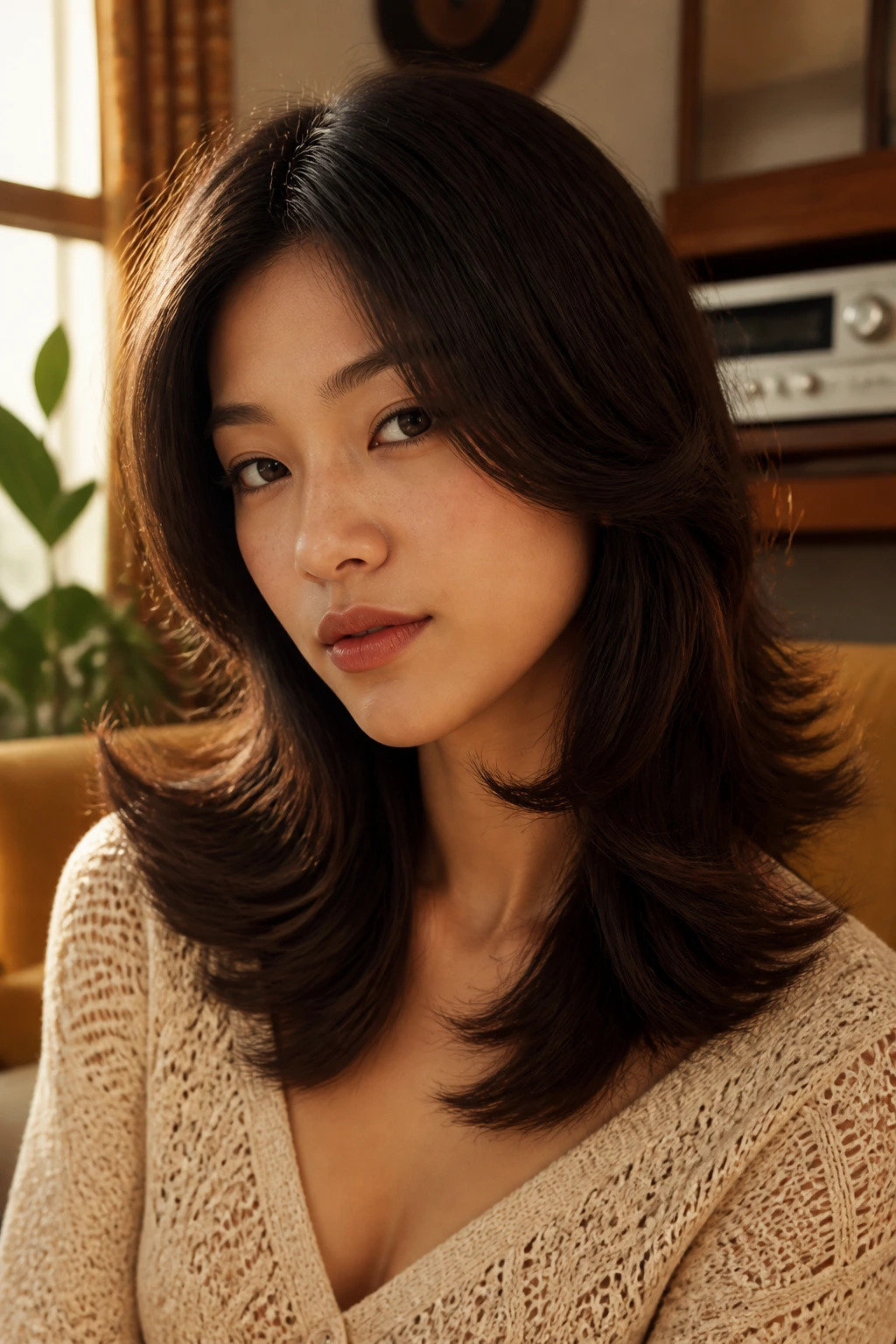 Close-up of a real woman showing flicked ends shag hairstyle.