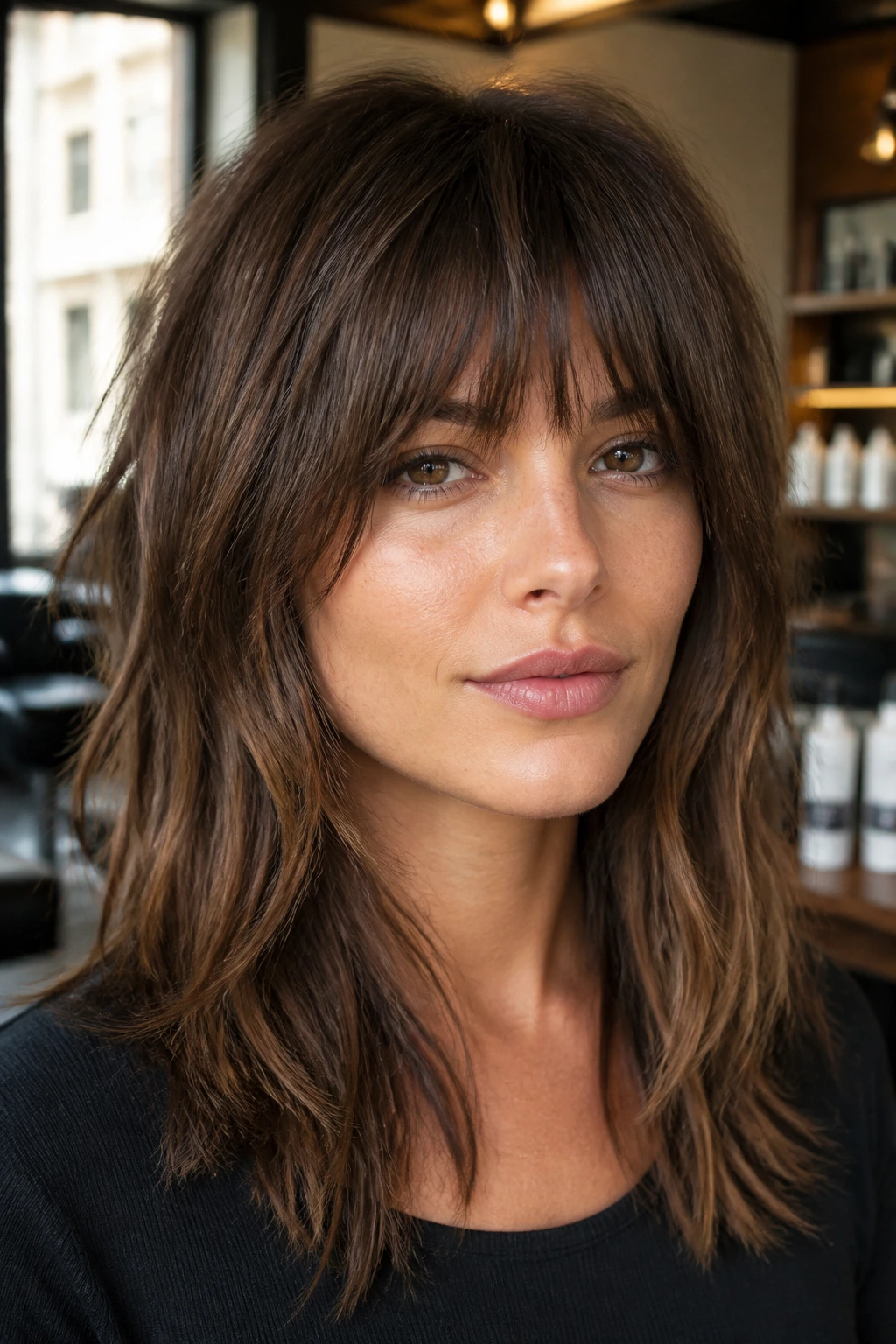 Close-up portrait of a real woman with shag-style straight fringe and textured layers in a sunlit salon