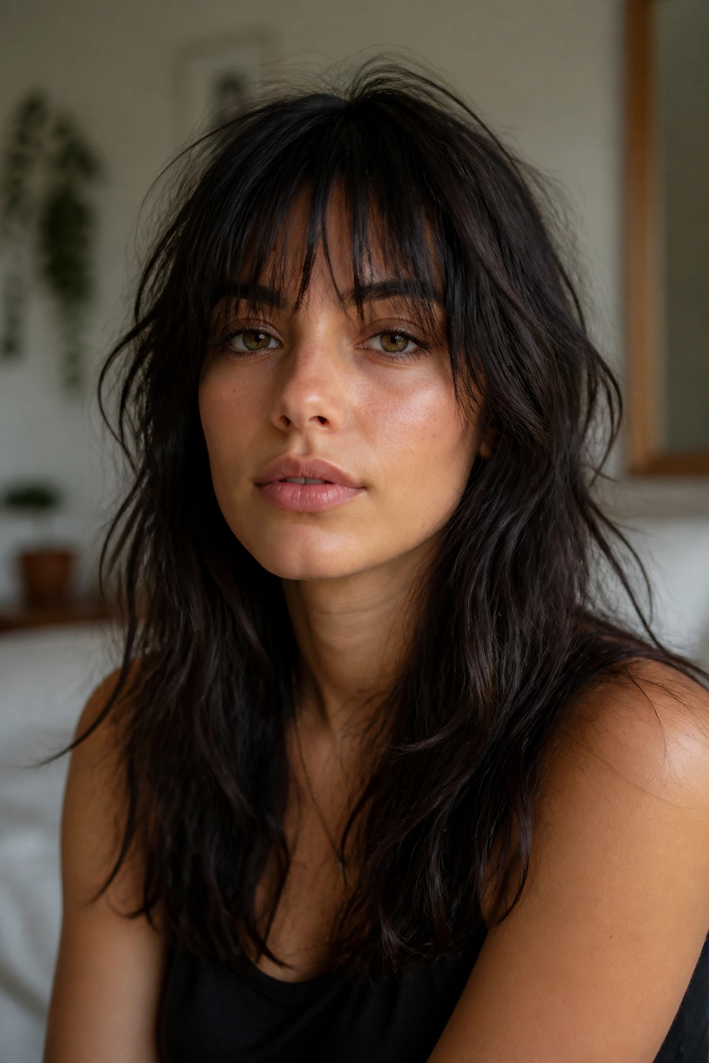 Close-up of a real woman with choppy textured shag fringe in natural window light