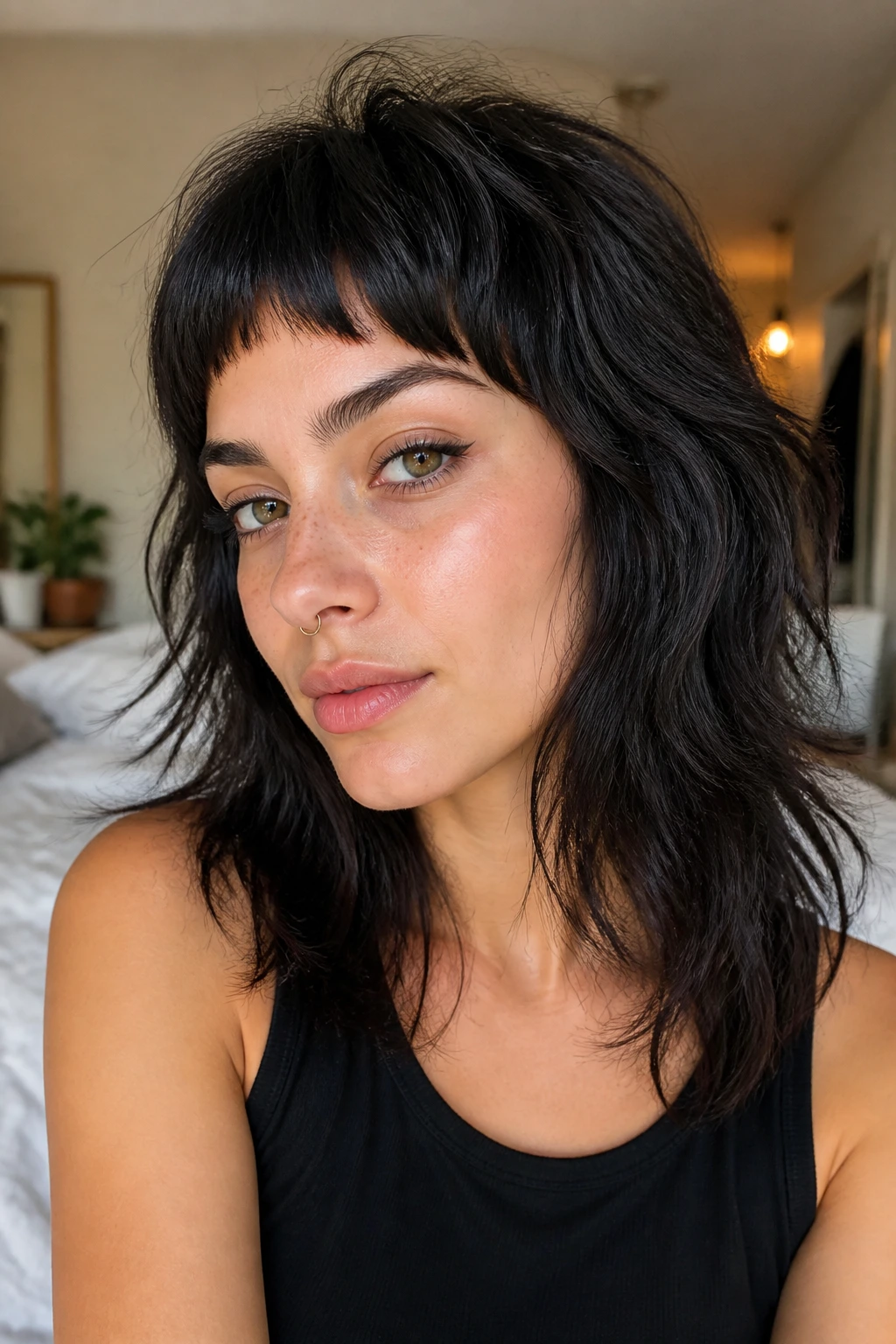 Portrait of a woman with shag haircut and micro bangs