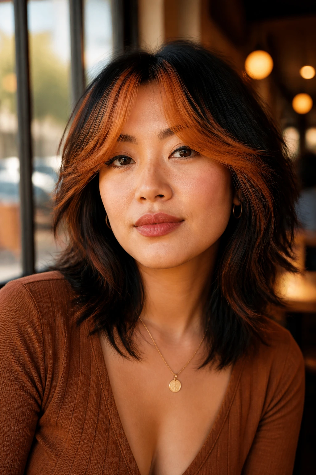 Portrait of a person with shoulder-length shag and tiger-eye curtain bangs.