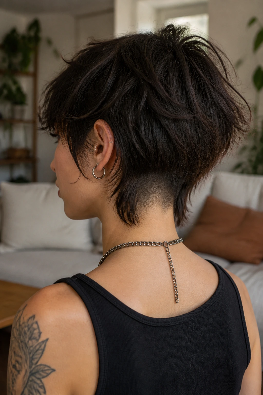 Shag hairstyle with hidden nape shave on a real person