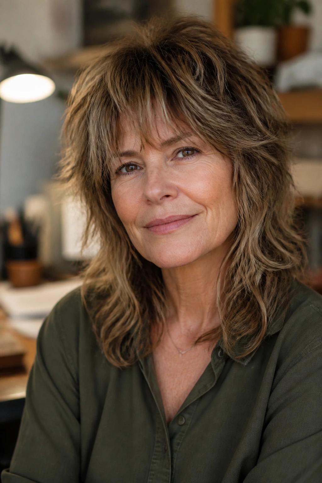 Close-up of a woman with a shag-inspired haircut in a creative work setting