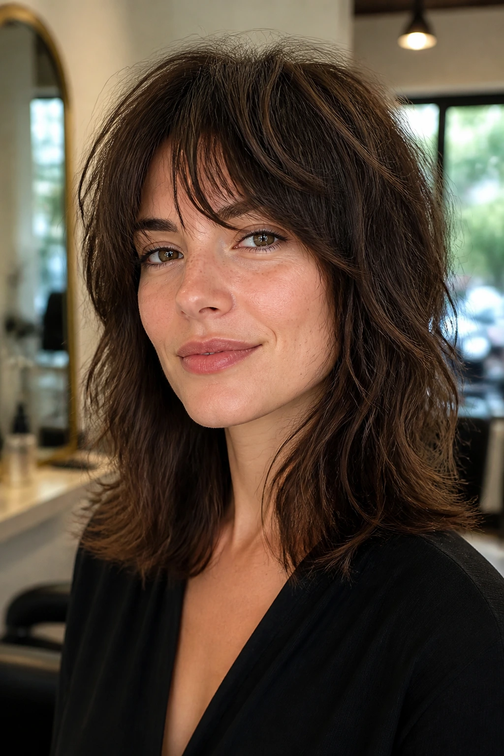 Close-up portrait of a woman with shoulder-length shag hairstyle in a warm salon light