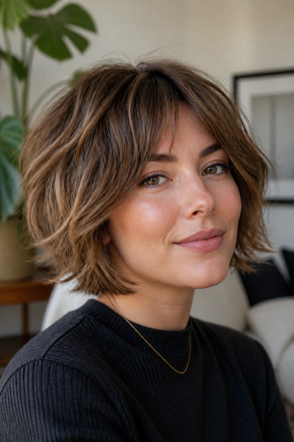 Close-up of a real woman with shag-inspired bob in bright living room