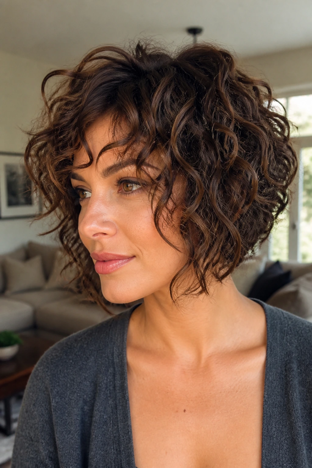 Close-up of a shaggy layered inverted bob on a real person