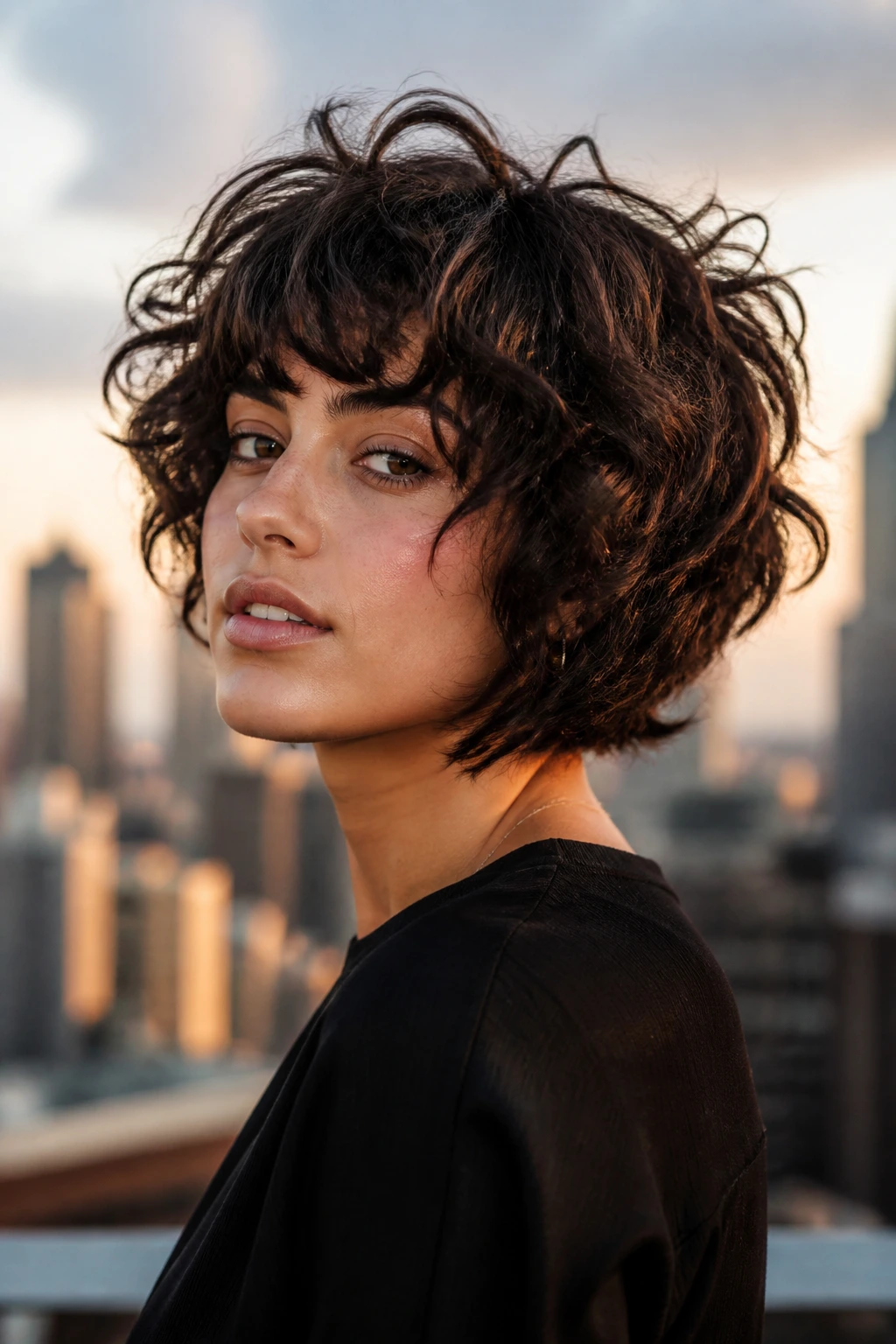 Front portrait of a real person with The Shag-Inverted Hybrid, voluminous textured curls