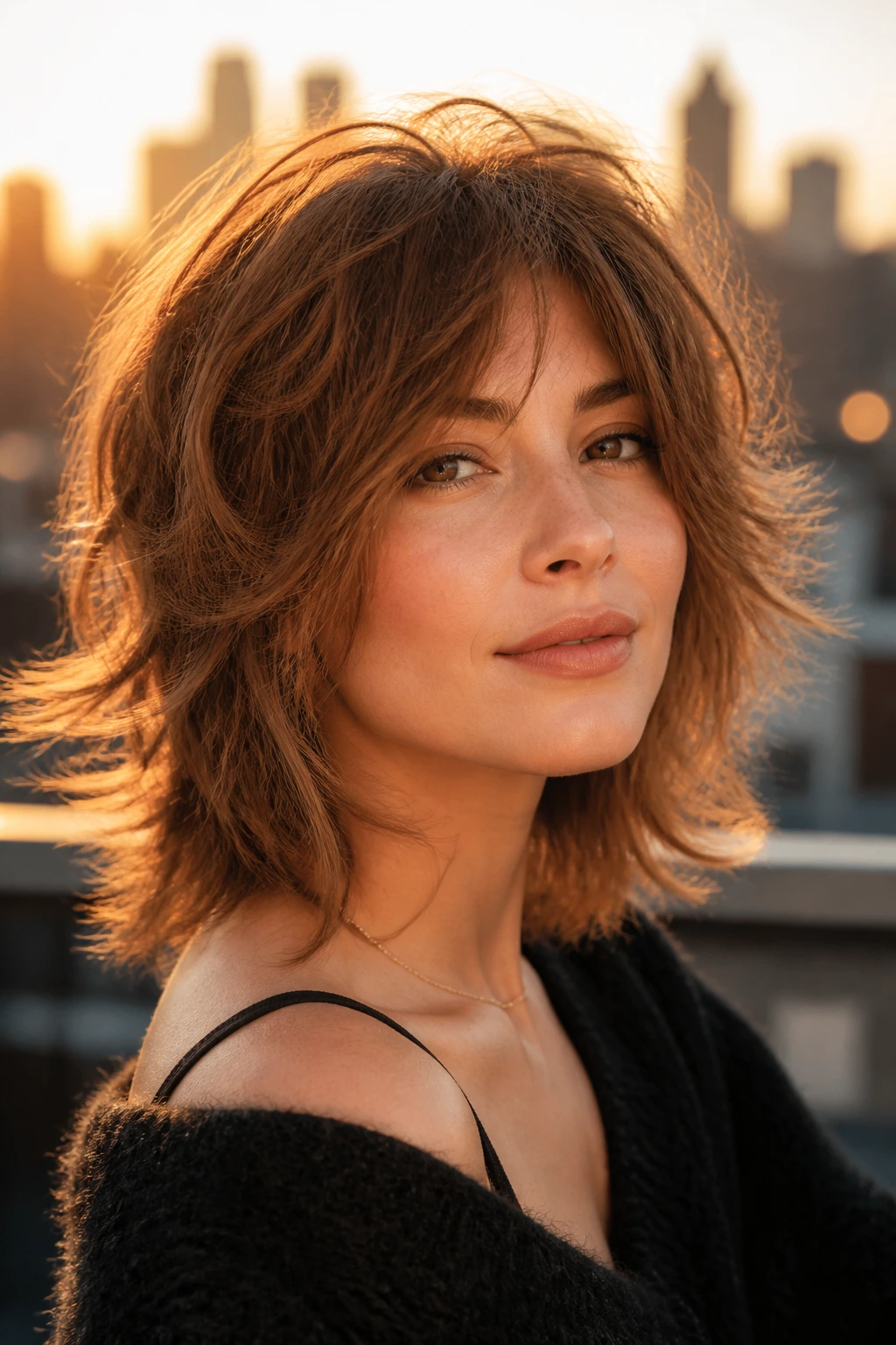 Close-up portrait of a real woman with a softly layered shag and face-framing pieces.