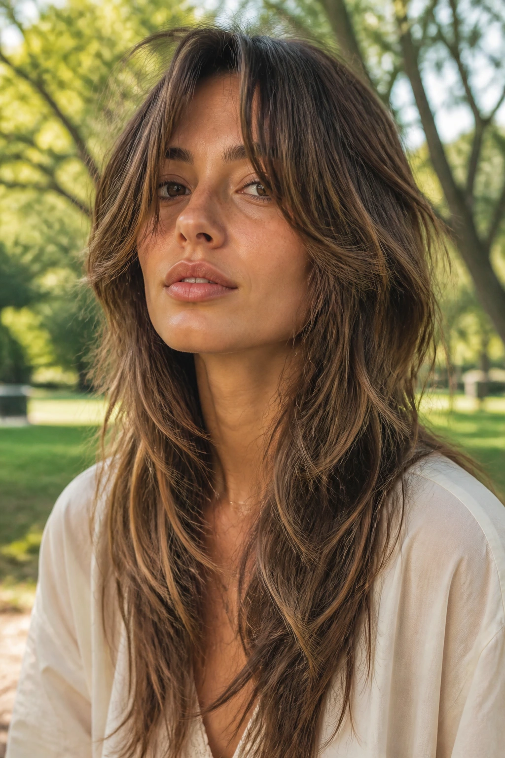 Close-up portrait of a person with long shattered shag framing layers