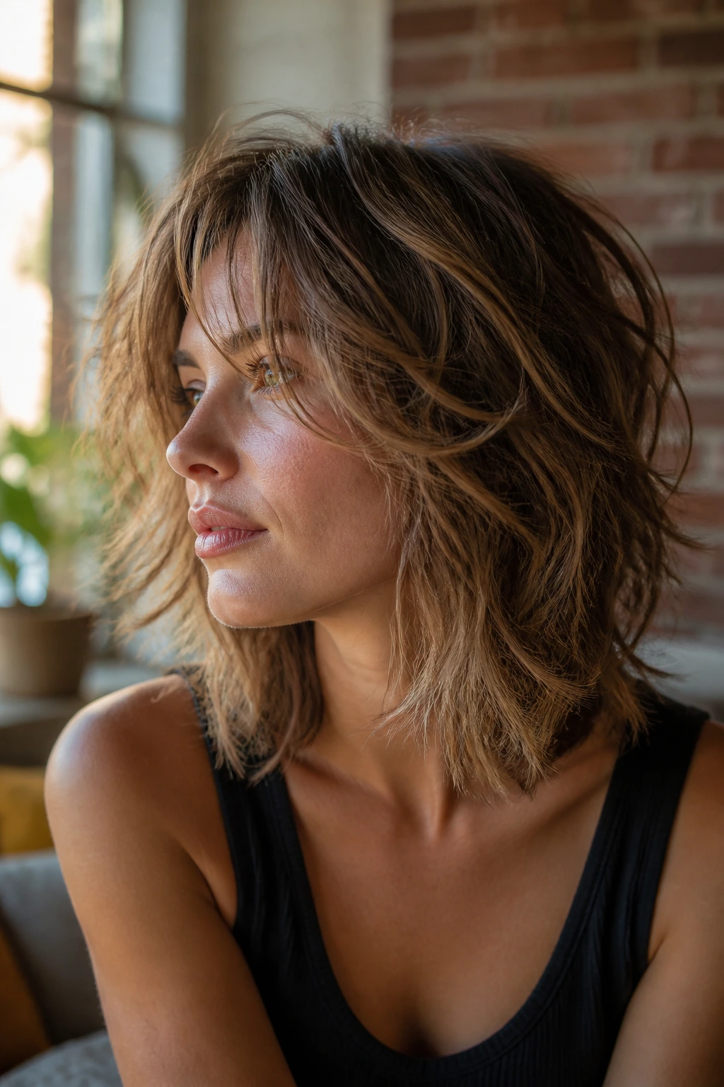 Real woman with tousled layered shag-lob in natural daylight