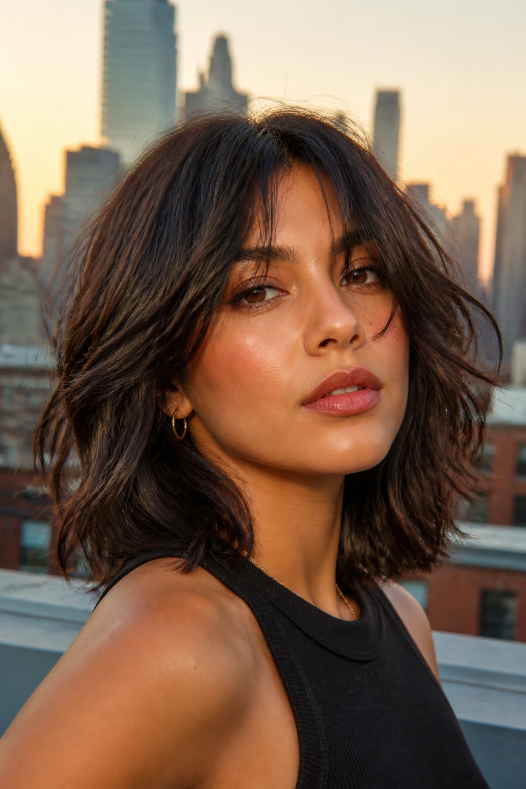 Shag-lob hairstyle with wispy layers framing the face