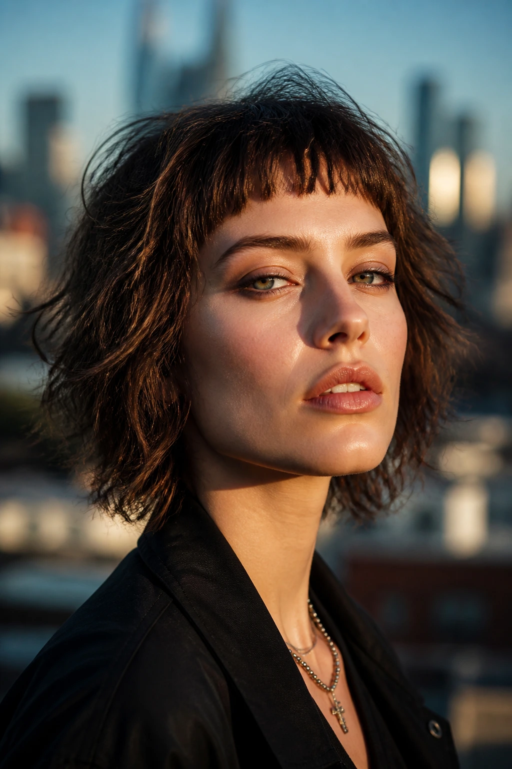 Portrait of a real person with textured shag and micro-fringe on an urban street