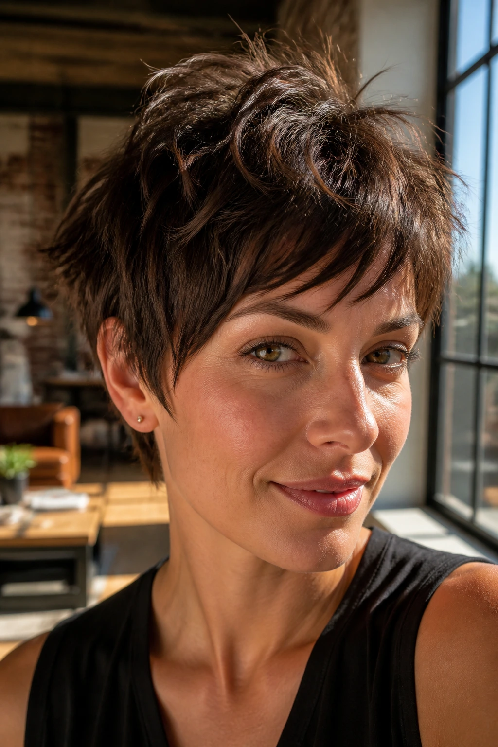 Close-up portrait of a real woman with a shaggy textured pixie haircut