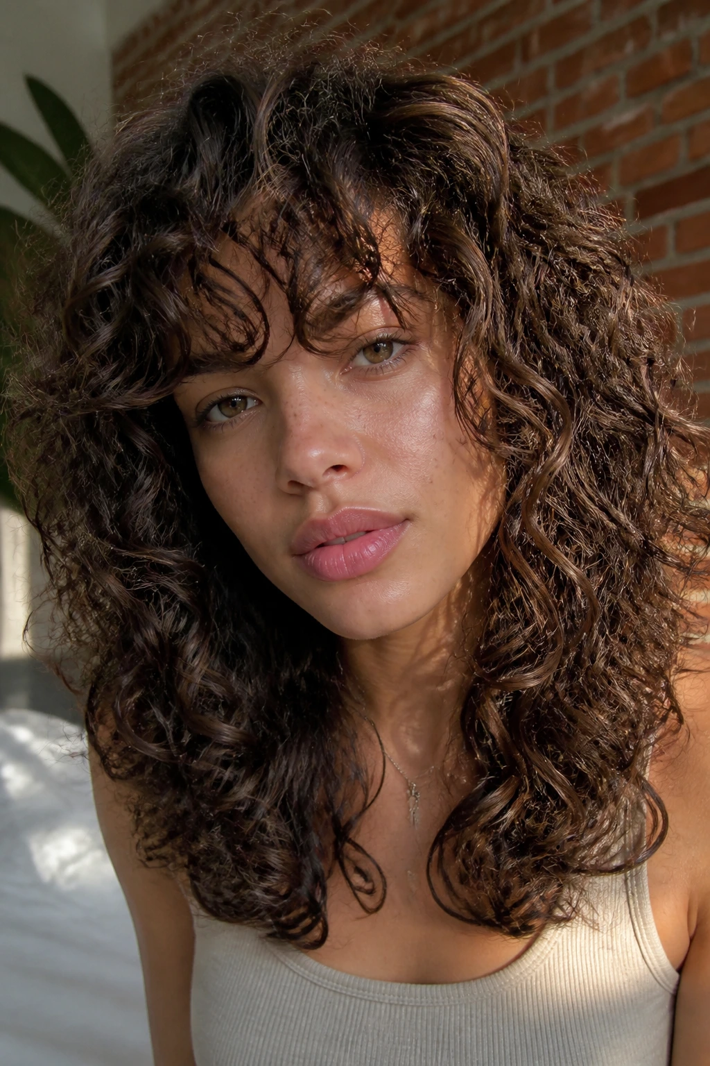 Close-up of a real person with shag-style razored curls framing the face