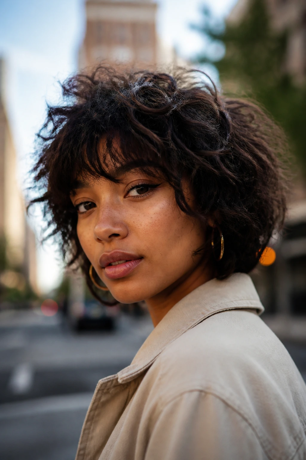 Close-up of a real woman with shag-inspired textured bob in urban light