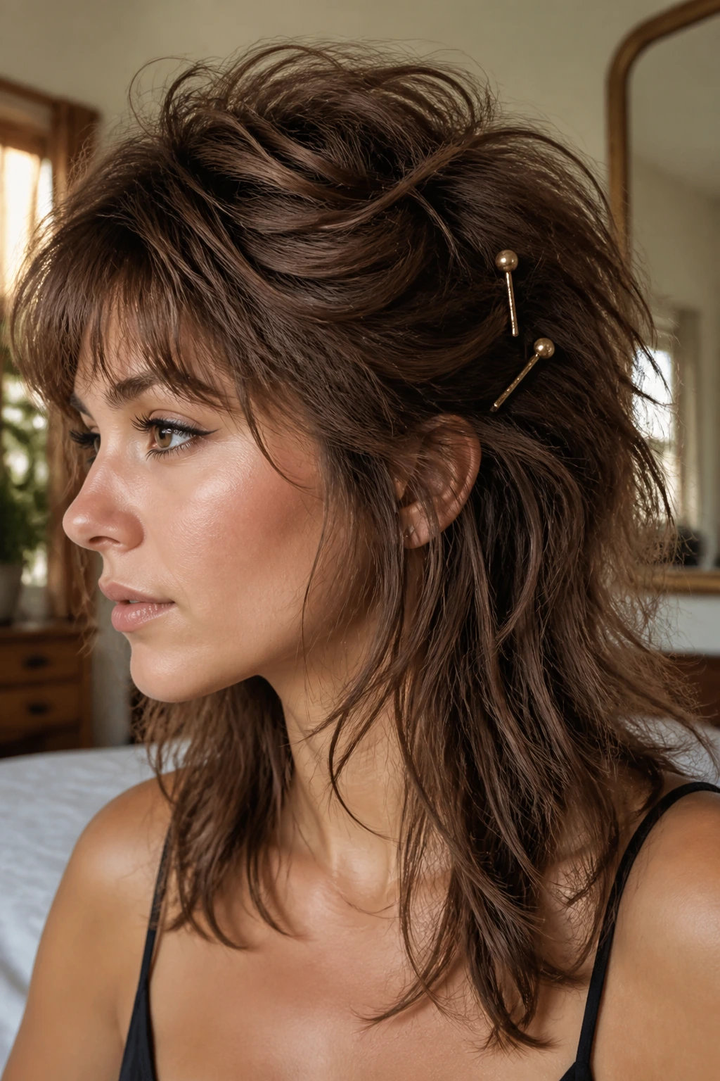 Close-up portrait of a real woman with a triple-pinned voluminous shag crown