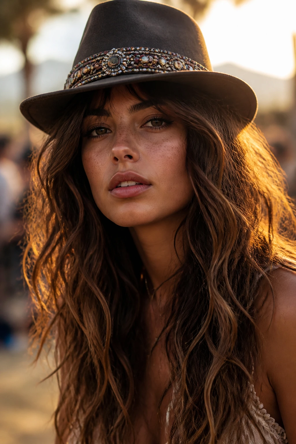 Real person with voluminous shag waves and beaded fedora in sunset light