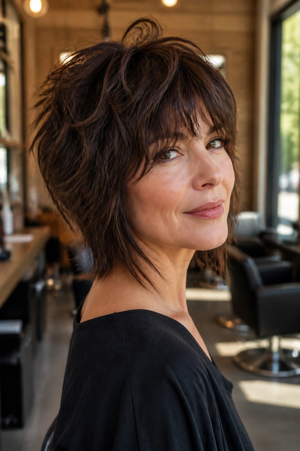 Close-up portrait of a real woman with shag-wedge hairstyle in a salon