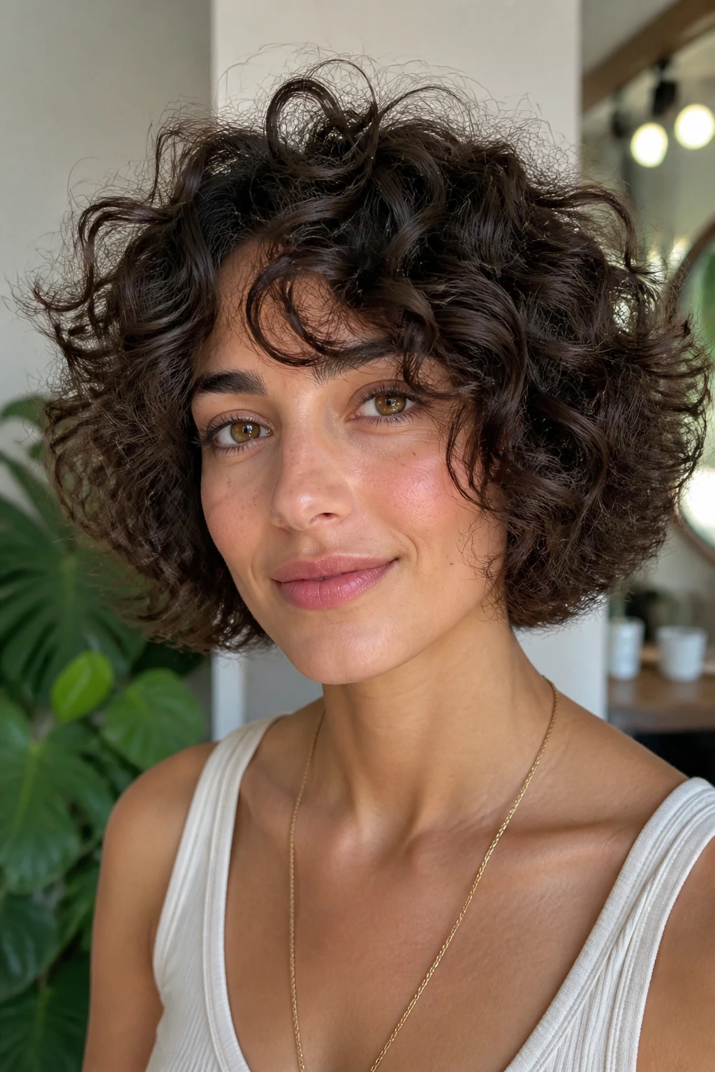 Close-up portrait of a real woman with shagged curly bob