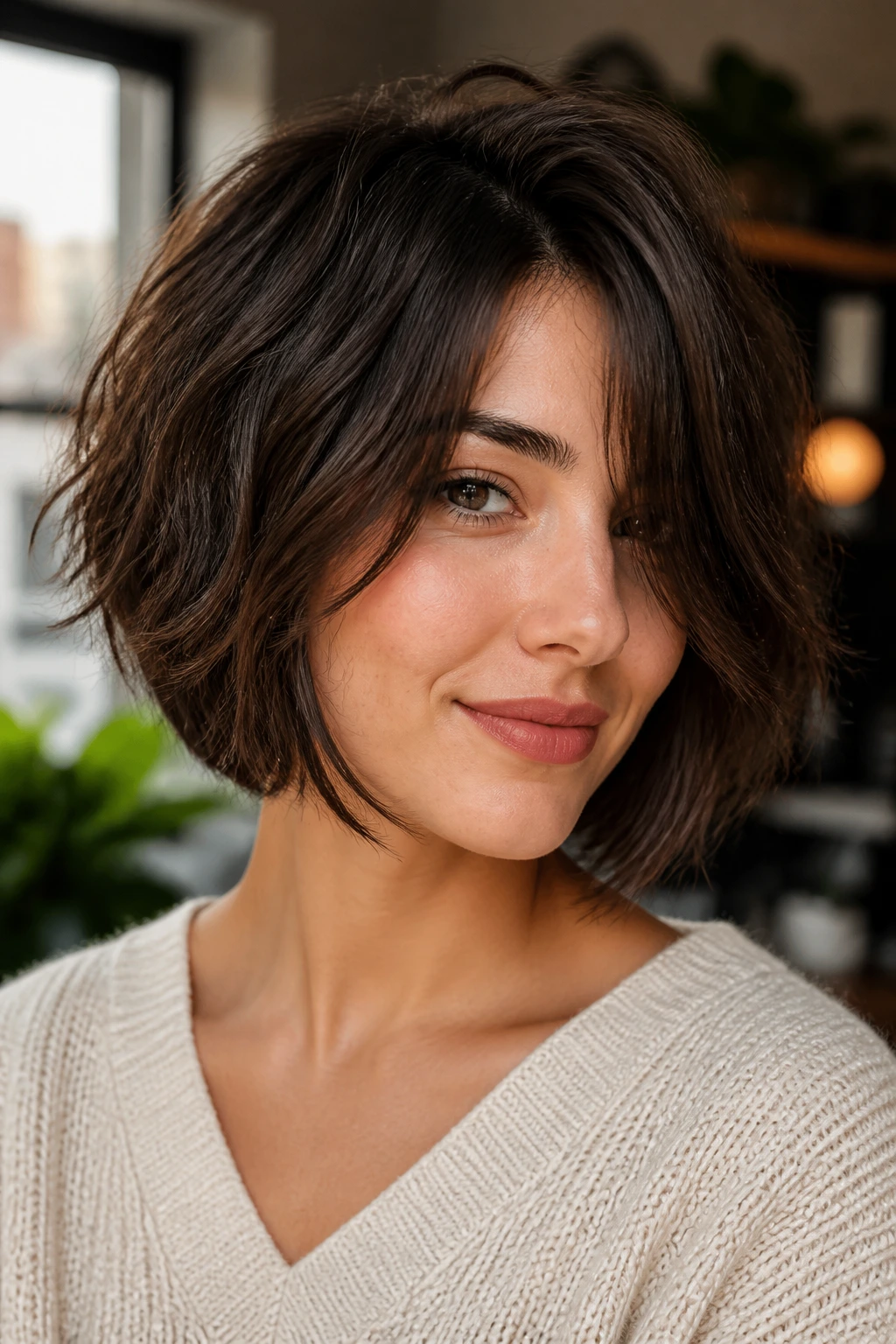 Close-up of person with shaggy A-Line hairstyle