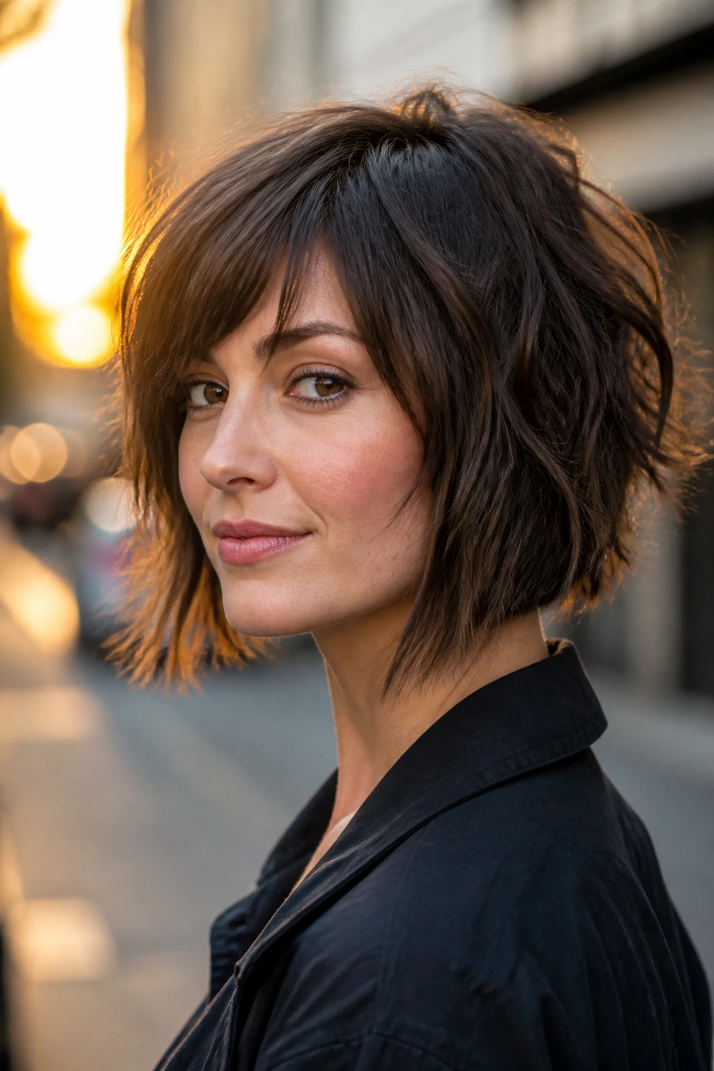 Close-up of a woman with a shaggy angled bob in golden-hour street setting