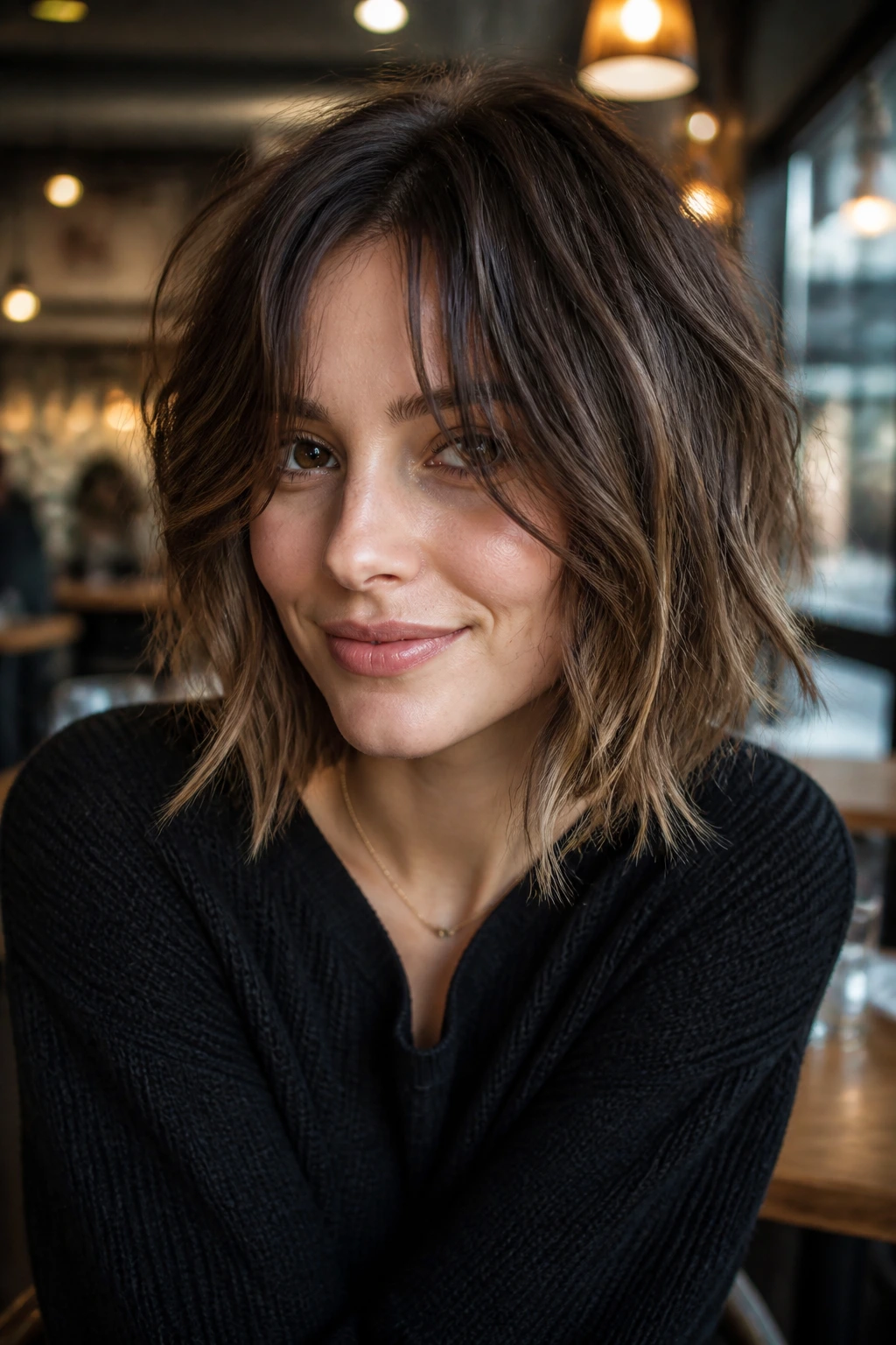 Close-up portrait of a real woman with shaggy angled bob and curtain bangs in a cozy cafe