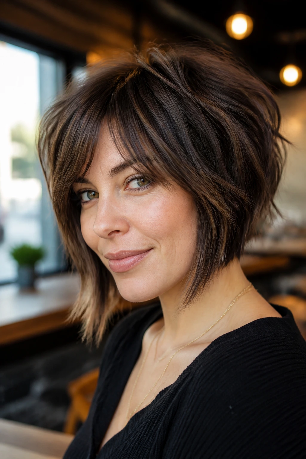 Close-up portrait of a real woman with shaggy angled bob and voluminous layers