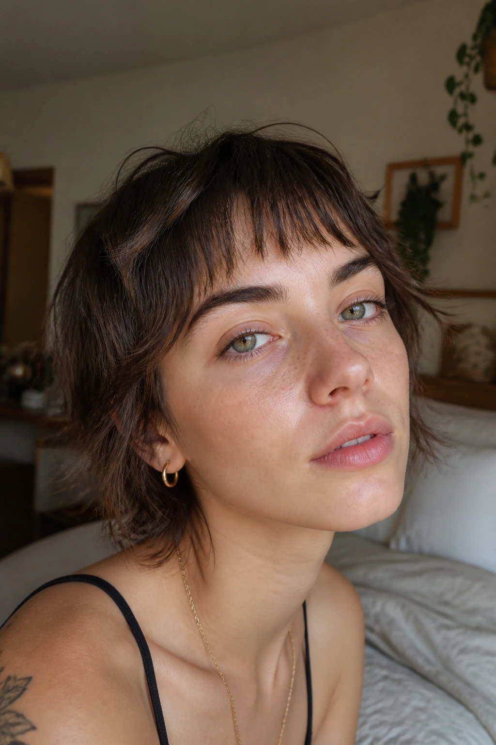 Close-up of a real woman with Shaggy Baby Bangs in soft bedroom light