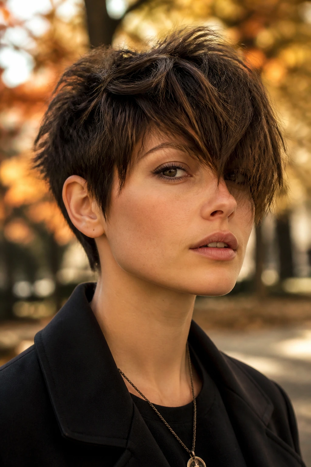 Close-up of a woman with a shaggy bang pixie in warm park light