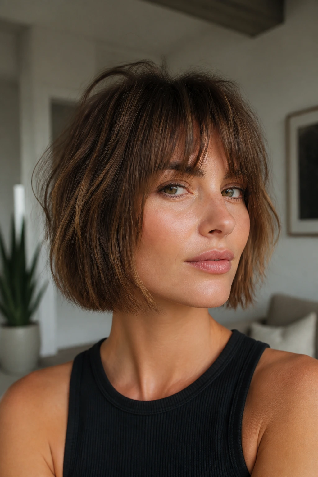 Close-up of a real woman with blunt base and choppy crown layers