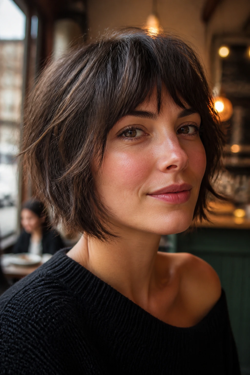 Close-up of a real woman with a short shaggy bob and cheekbone-framing layers
