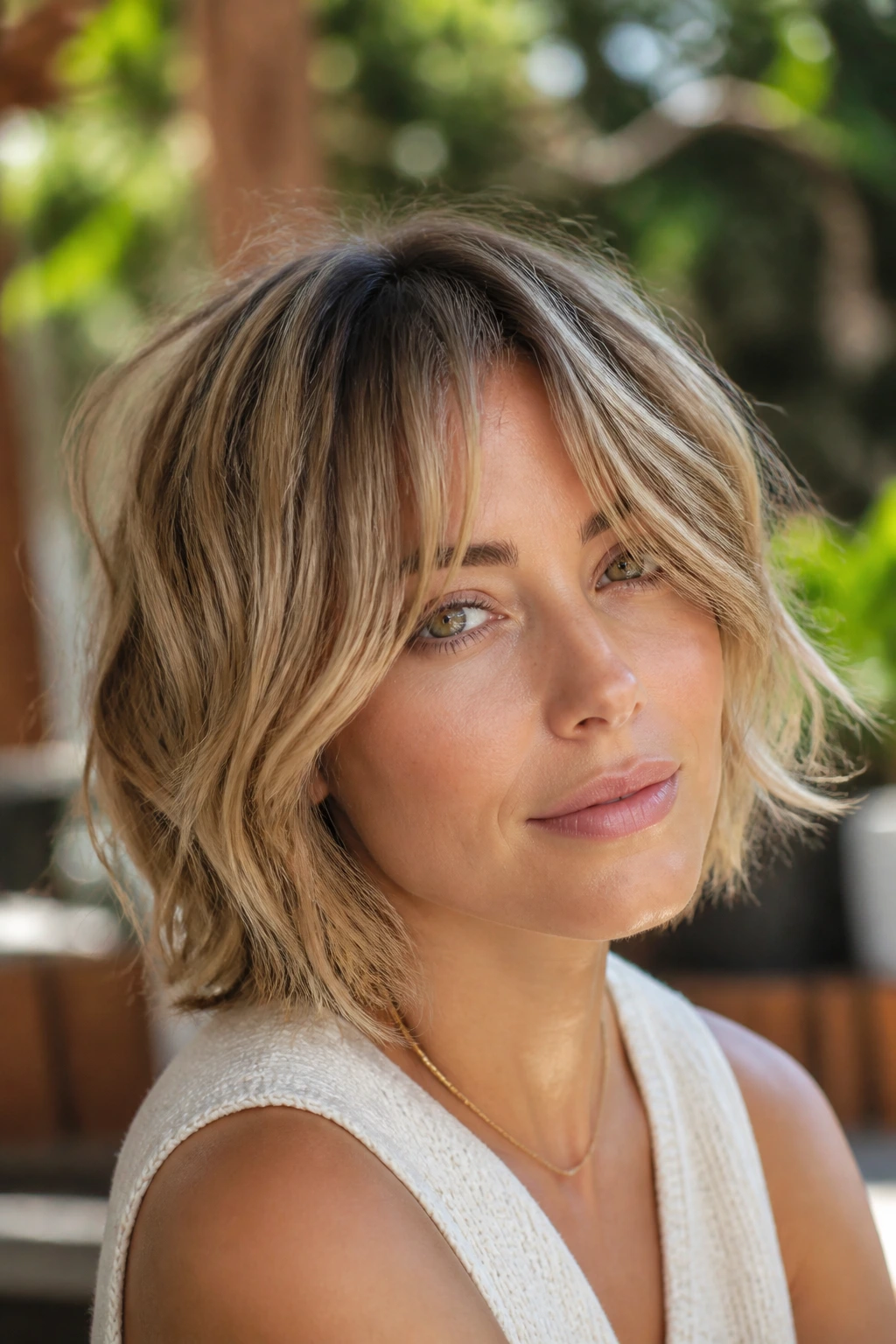 Real person with shaggy bob balayage in sunny outdoor setting.