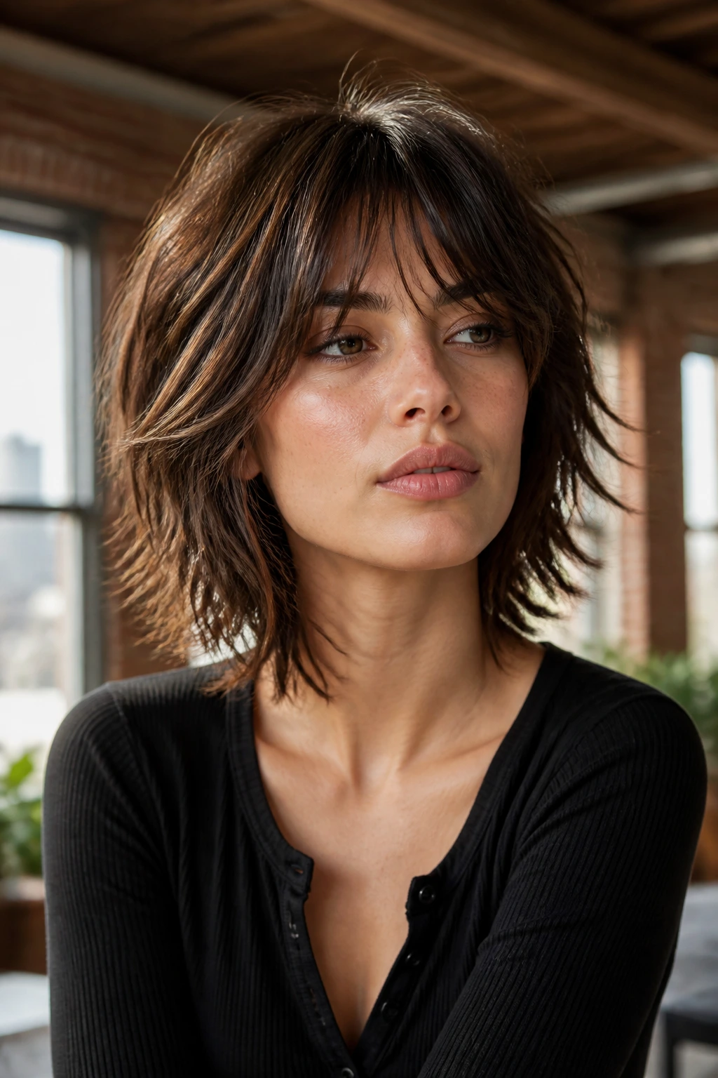 Portrait of a woman with shaggy bob and piecey curtain bangs in a sunlit loft