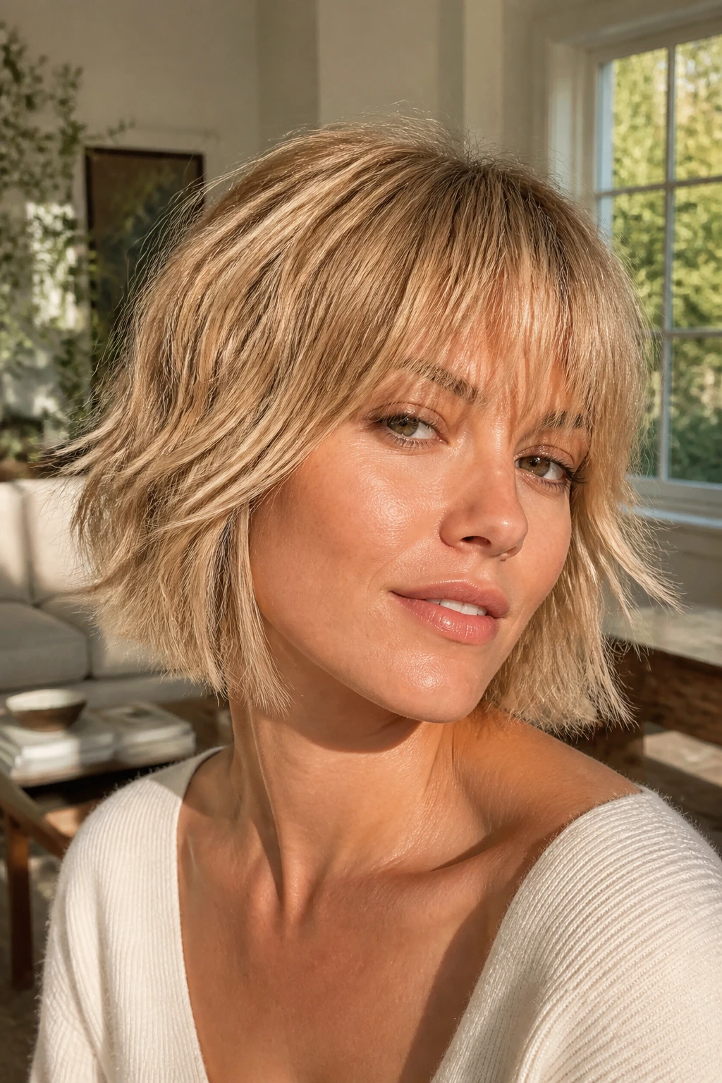 Real woman with shaggy blonde bob featuring wispy fringe