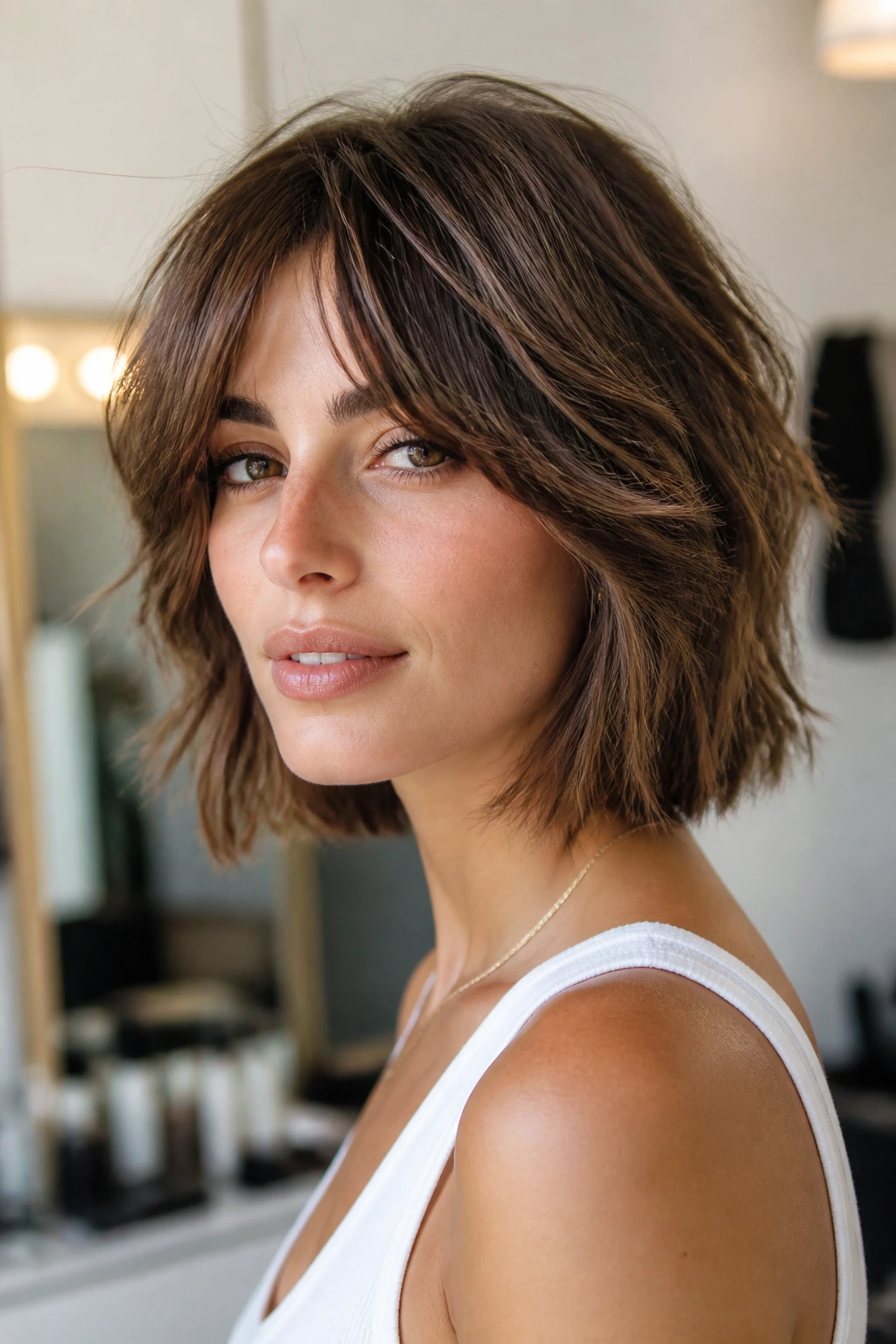 Close-up portrait of a person with a soft shaggy bob and curtain bangs.