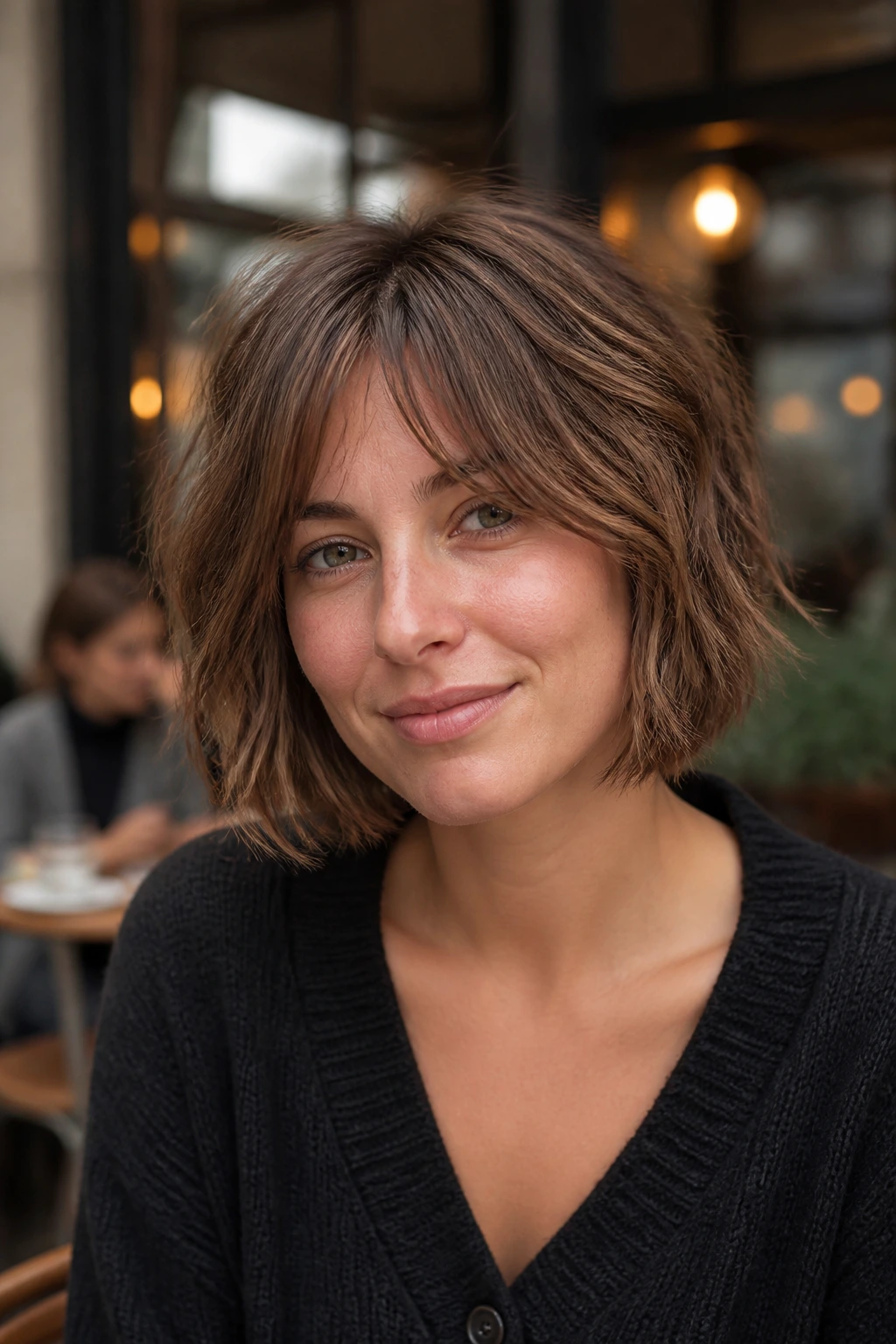 Portrait of a woman with shaggy bob and curtain bangs
