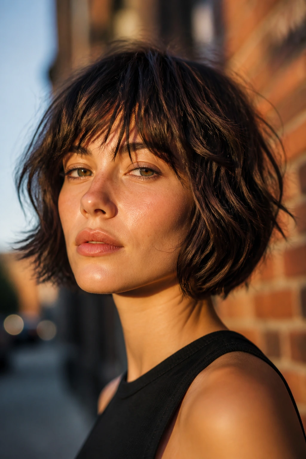 Portrait of a woman with shaggy bob and piecey fringe against brick wall at golden hour.