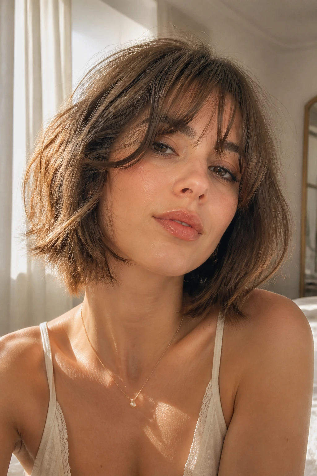 Portrait of a real woman with shaggy French-girl bob and wispy curtain bangs.