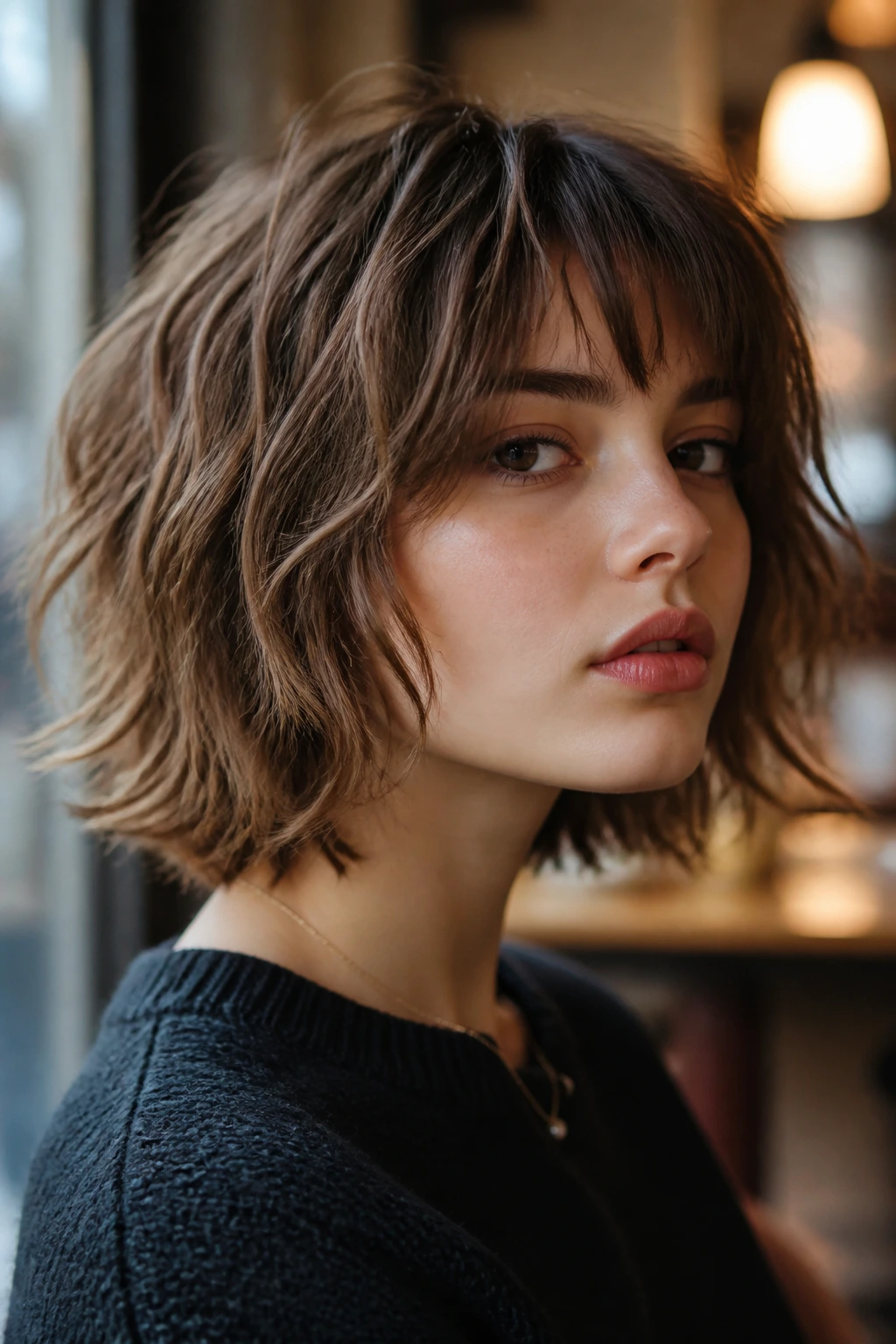 Portrait of a real person with a mid-length shaggy bob in warm cafe window light.