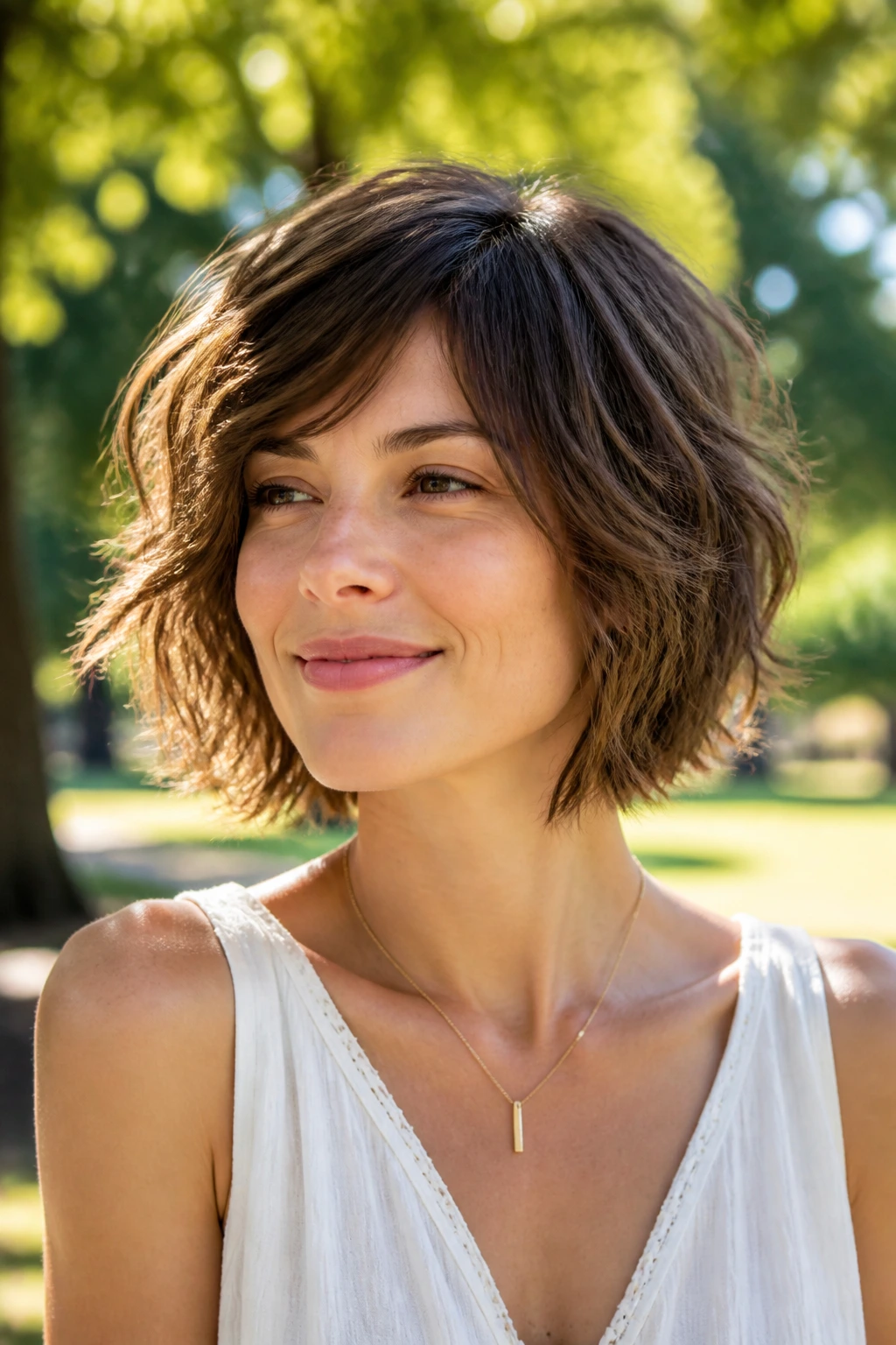 Portrait of a woman with a softly layered shaggy bob showing movement