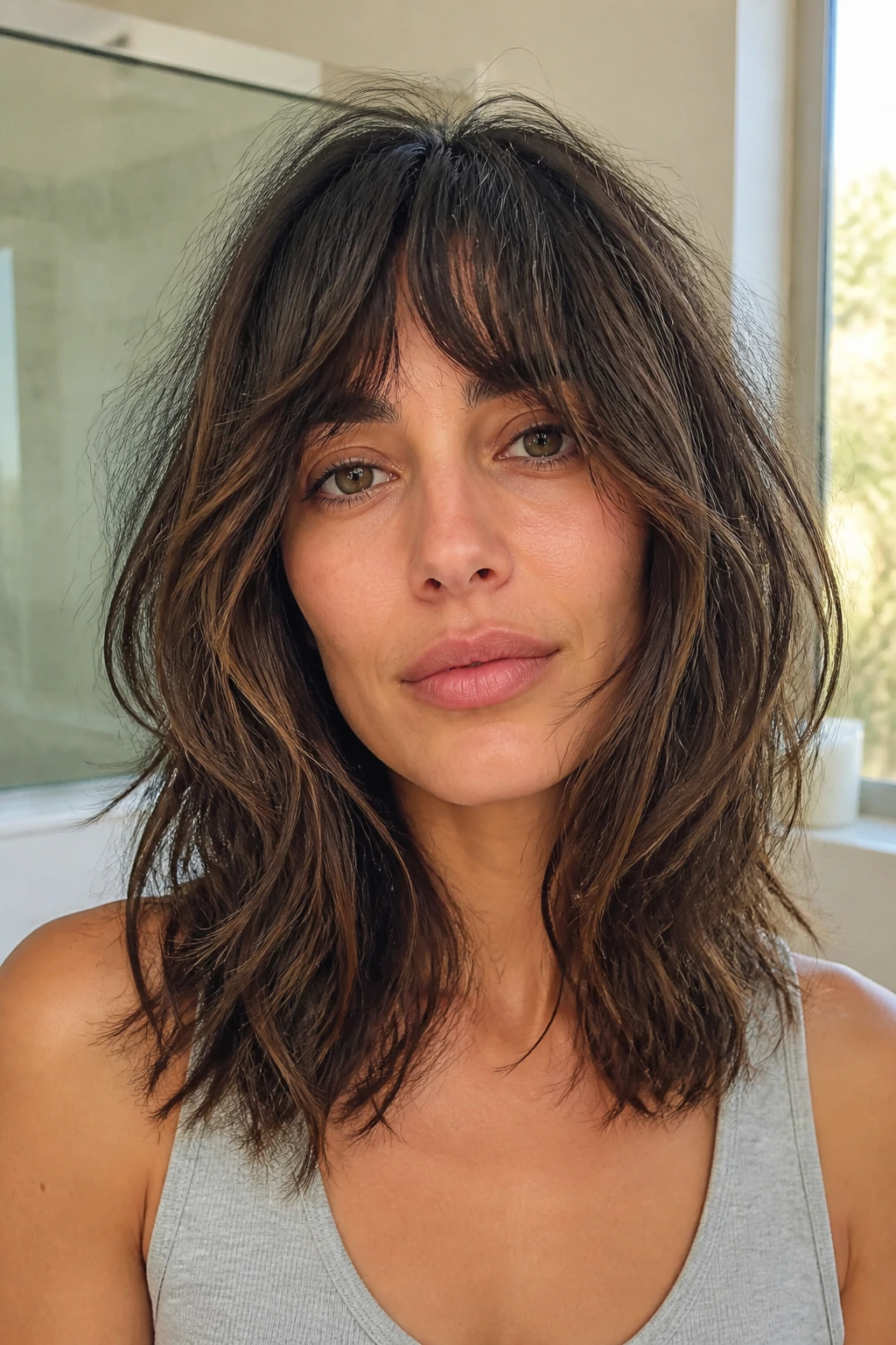 Close-up of a real woman with a long shaggy bob showing textured layers in warm window light.