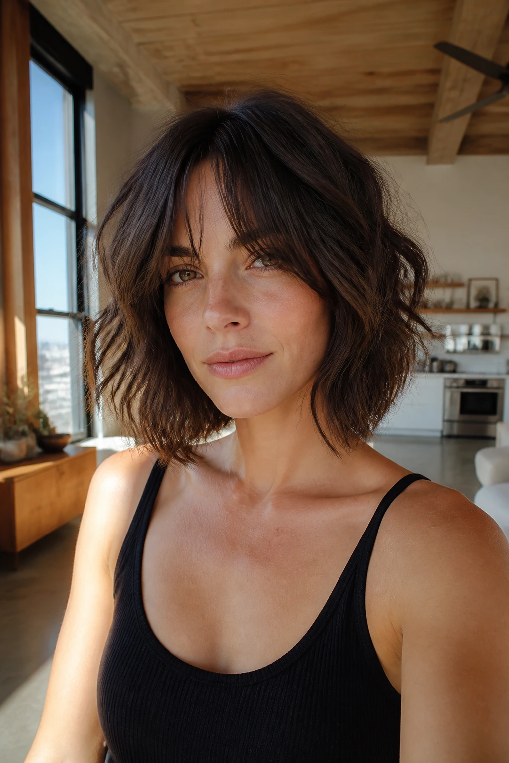 Portrait of a real woman with au naturel shaggy bob and long fringe